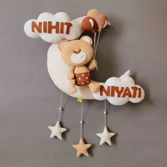 Teddy on the Moon - Felt Name Plate for Siblings