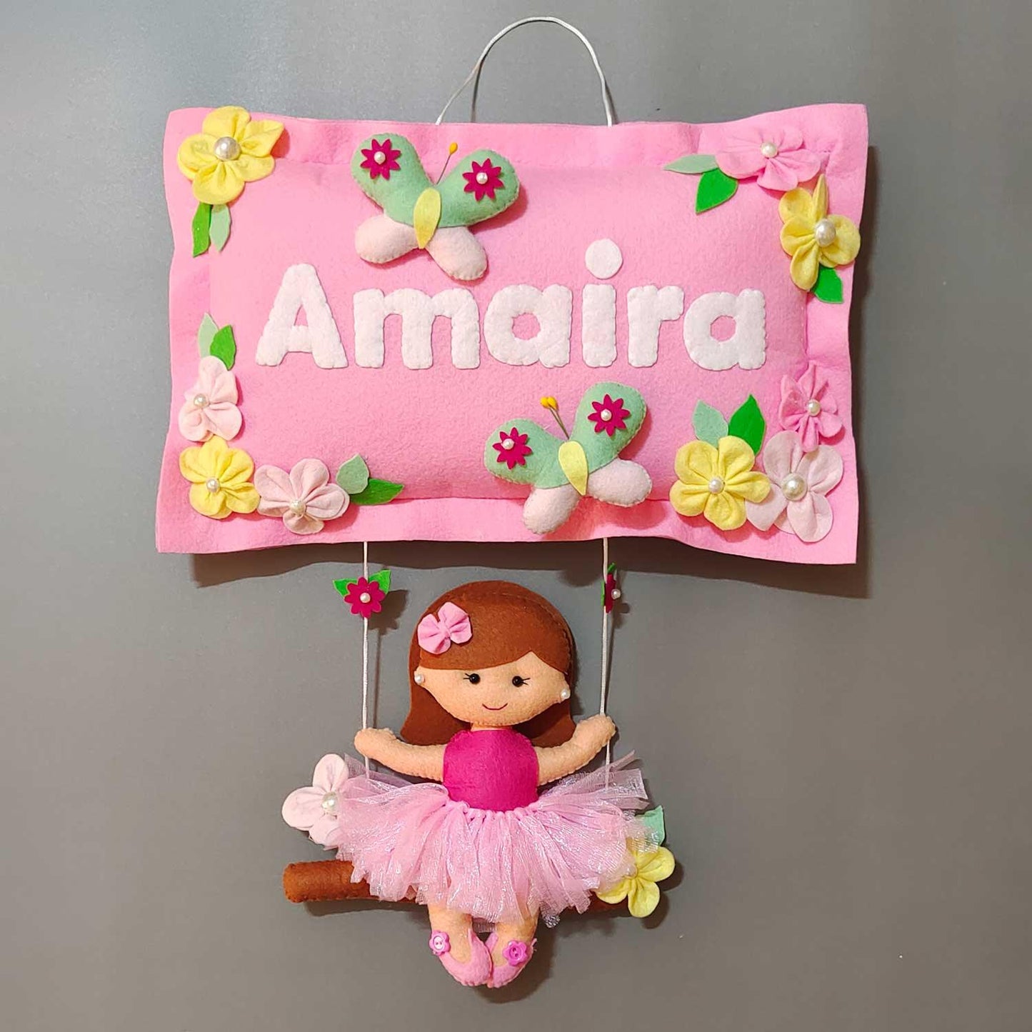 Girl on Swing - Felt Pillow Name Plate for Girls