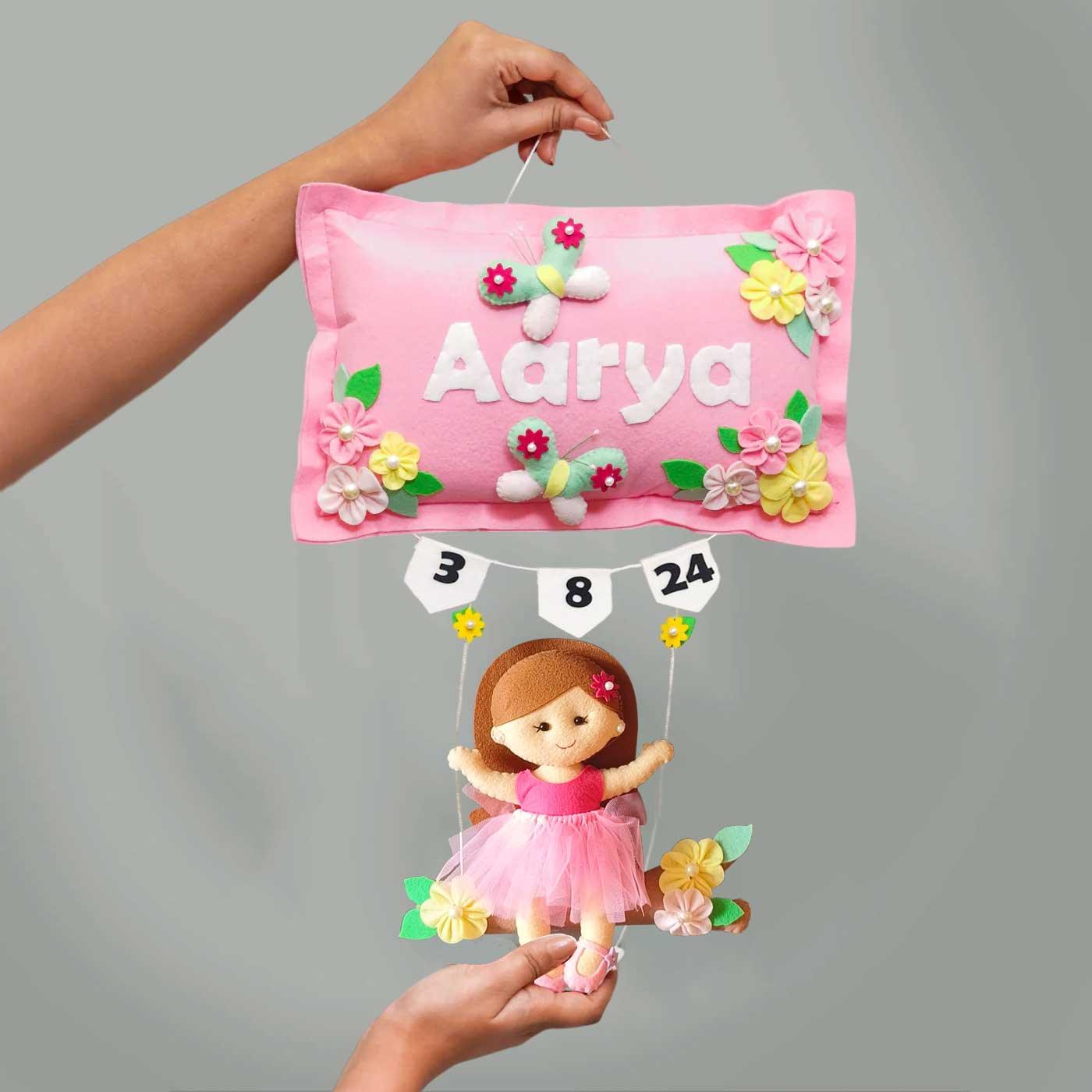 Girl on Swing - Felt Pillow Name Plate for Girls