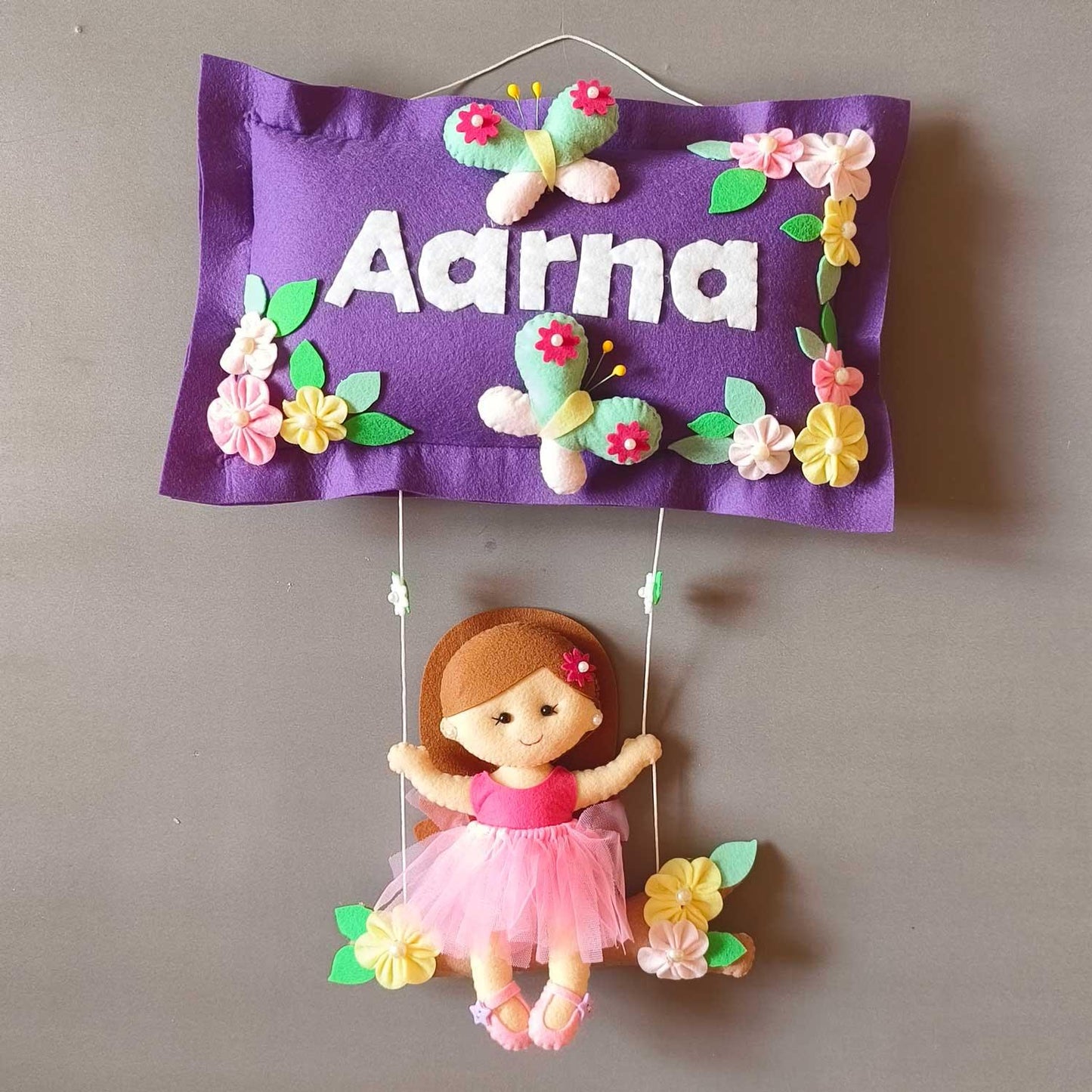 Girl on Swing - Felt Pillow Name Plate for Girls