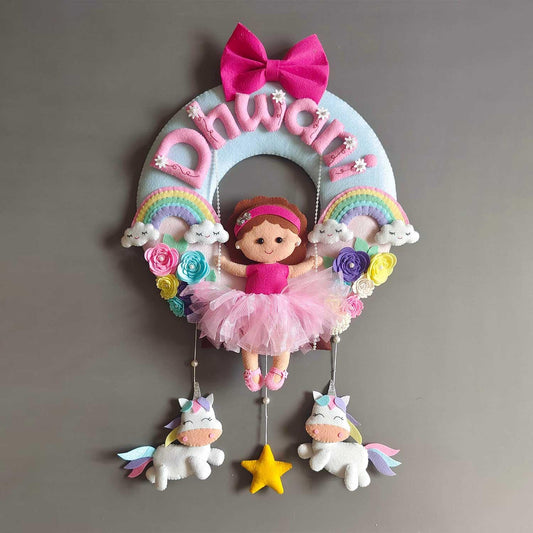 Personalized Felt Name Plate - Girl on Swing with Rainbow & Unicorns