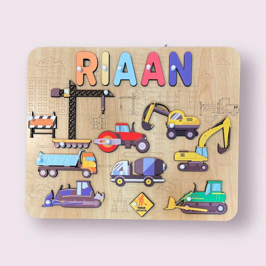 Personalised Wooden Name Puzzle - Vibrant Construction Site