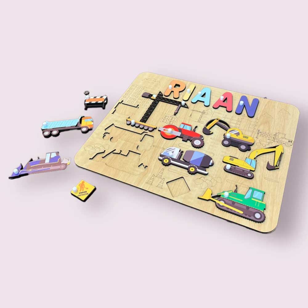 Personalised Wooden Name Puzzle - Vibrant Construction Site