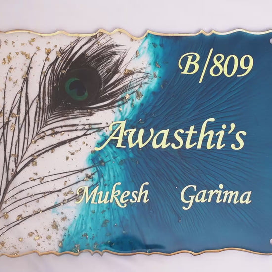 Close-up of the Bankapura Resin Nameplate with Peacock Feather