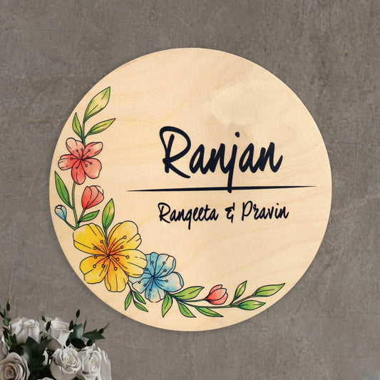 Floral Crescent - Wooden Name Plate - Housenama