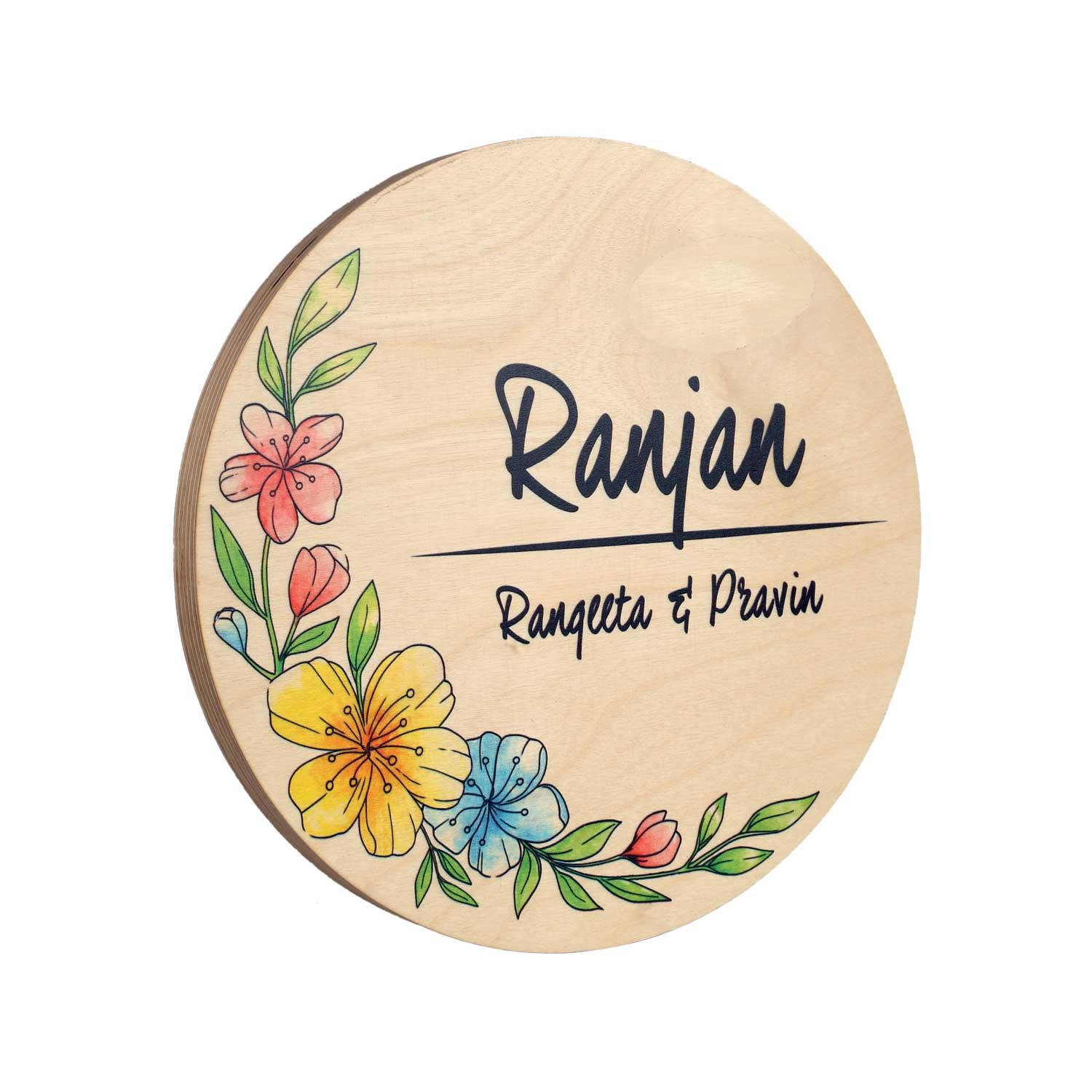 Floral Crescent - Wooden Name Plate - Housenama